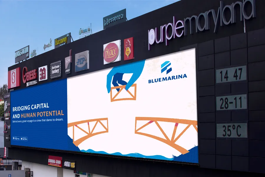 Blue Marina brand campaign on a Maryland Mall LED billboard
